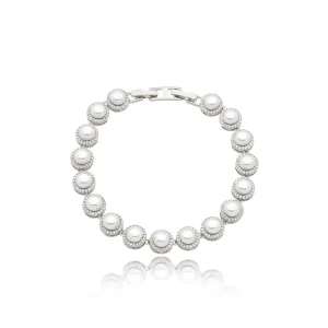 Pulseira Redonda Volta Cravejada Pérola Banho Prateado Pérola Shell