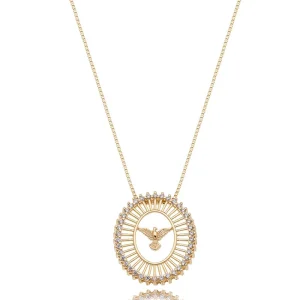 Colar Espírito Santo Oval Vazado Volta Cravejada Banho Ouro 18k