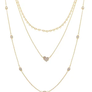 Colar Trio Coração Cravejado Elos Pontos de Luz Banho Ouro 18k