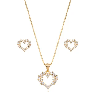 Conjunto Coração Cravejado Vazado Banho Ouro 18k