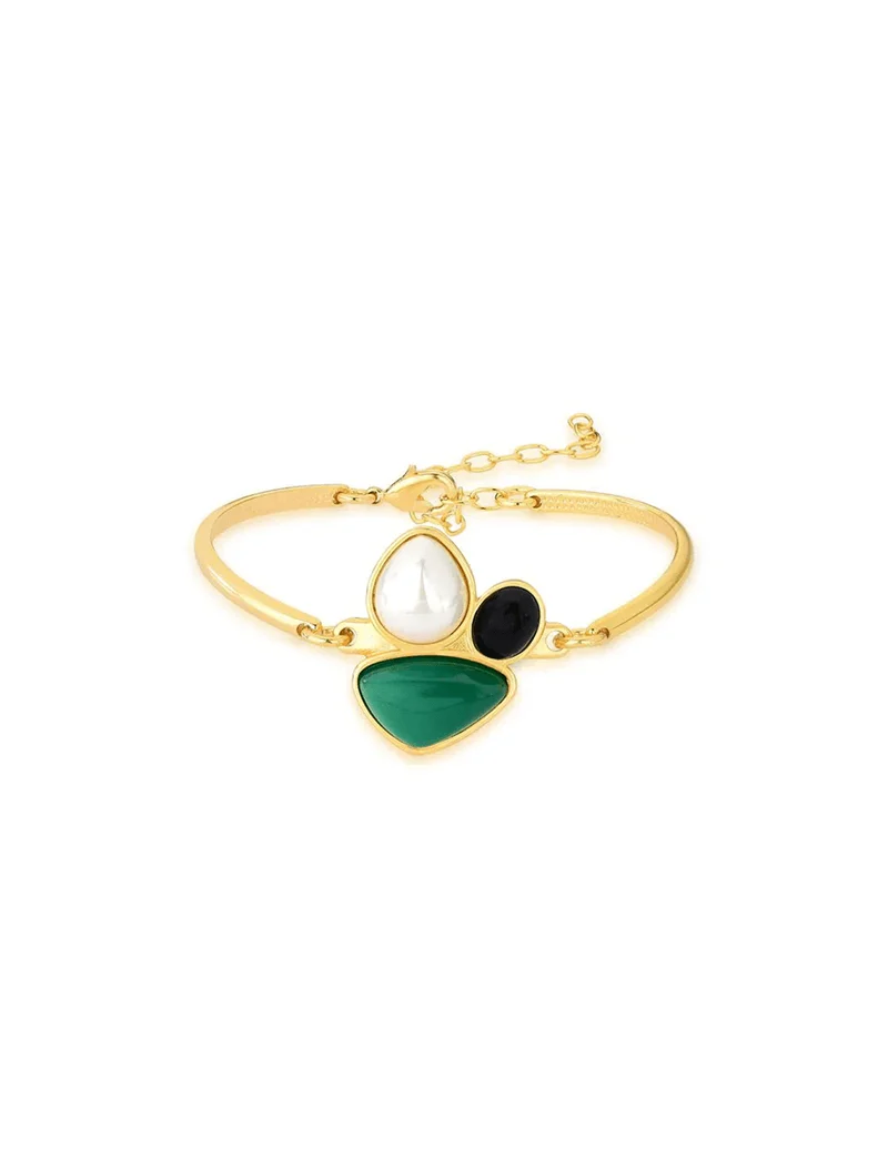 Pulseira Meio 3 Formas Geométricas Banho Ouro 18K Ágata Verde e Pérola Shell