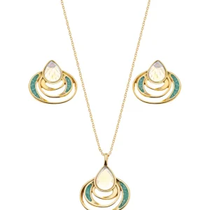 Conjunto Gota Orgânico Banho Ouro 18K Opalina Perolada Verde