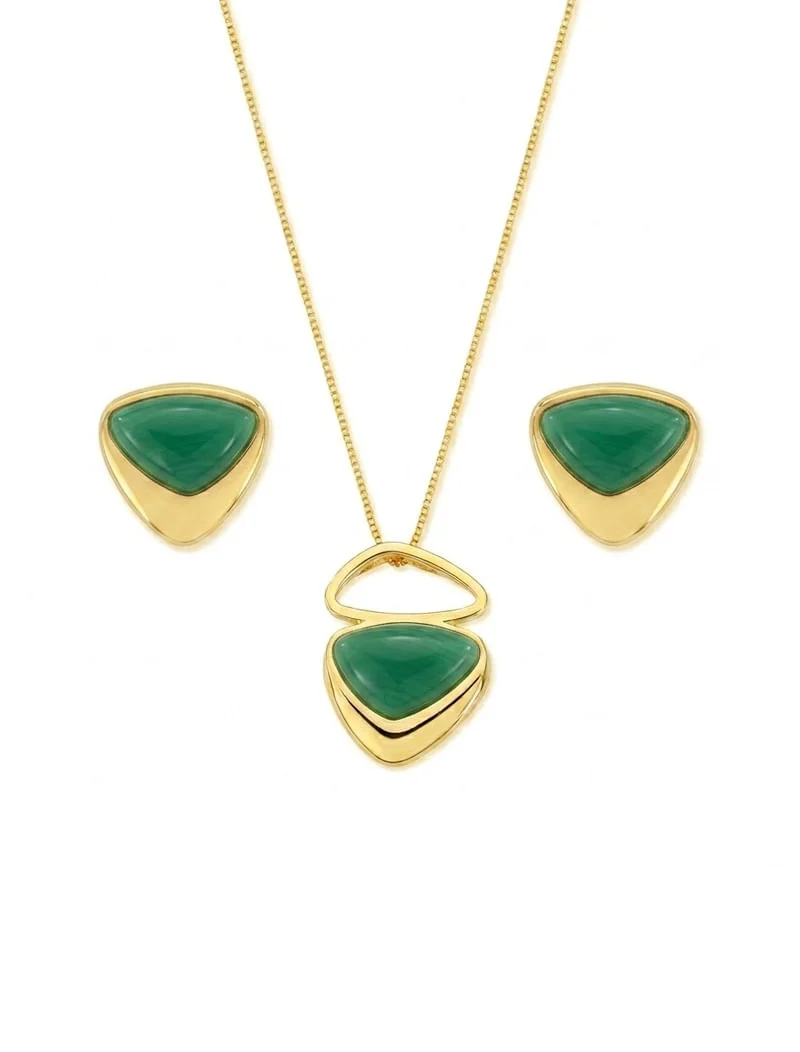 Conjunto Triangular Abaulado Pedra Central Banho Ouro 18k - Image 6