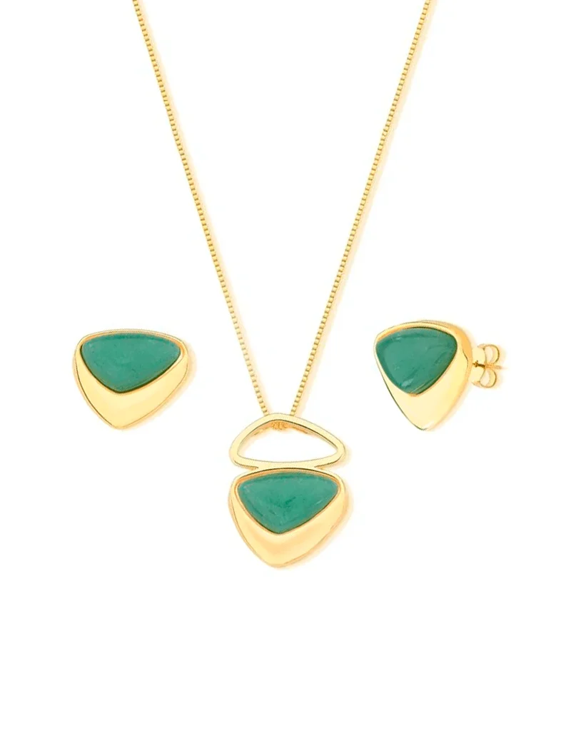 Conjunto Triangular Abaulado Pedra Central Banho Ouro 18k - Image 3