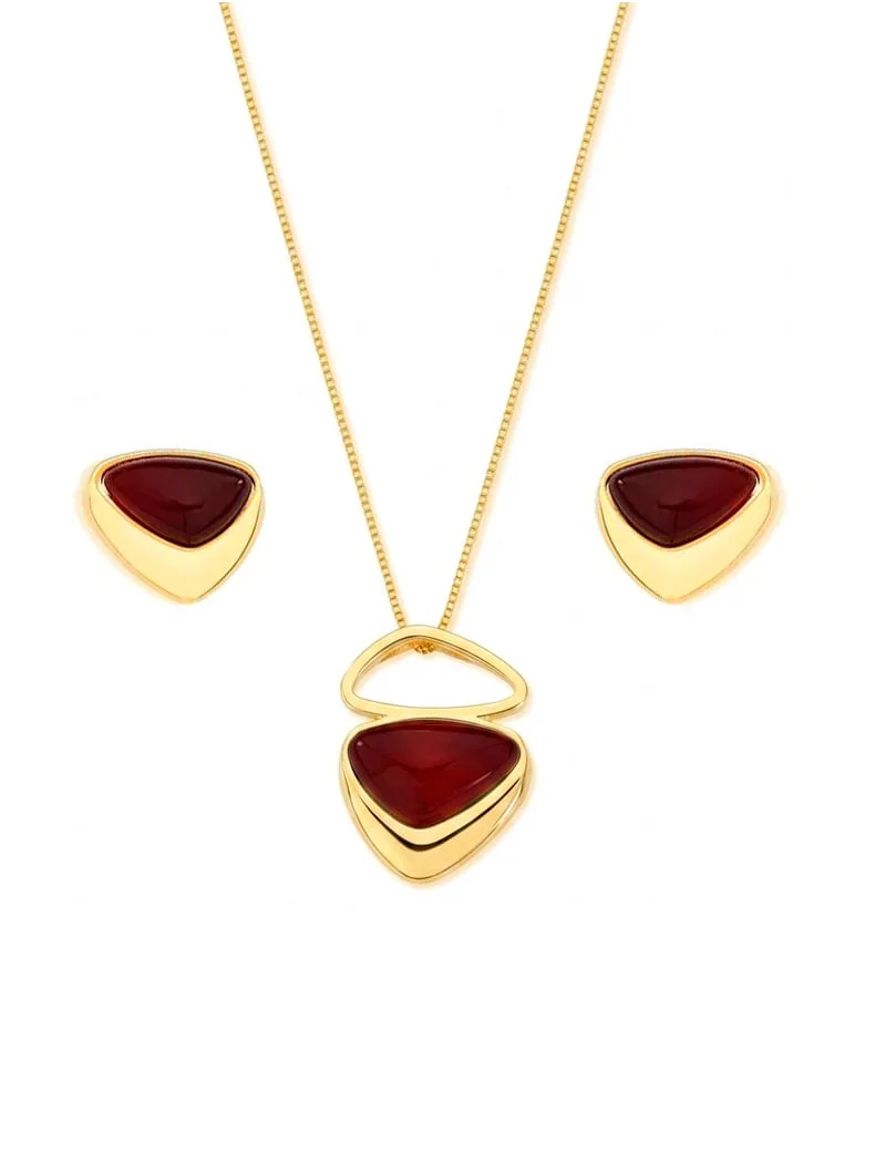 Conjunto Triangular Abaulado Pedra Central Banho Ouro 18k - Image 7